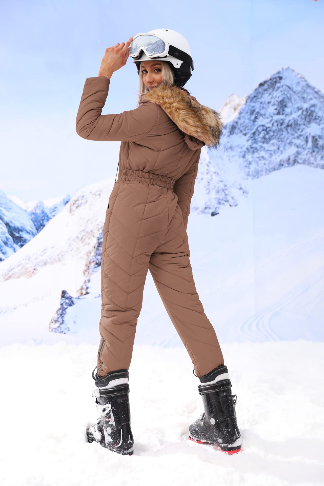 MARKERWAY Women's Winter Fur Collar Ski Jumpsuit